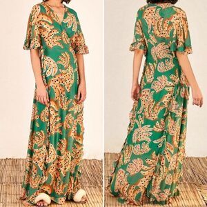 NWT FARM RIO Green Raining Bananas Maxi Wrap Dress L